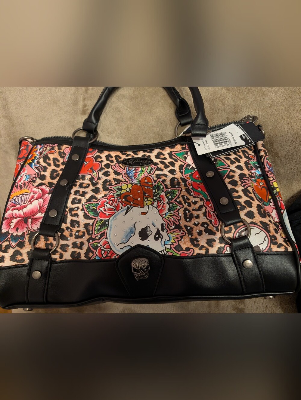 Ed Hardy Skull & Rose Print Leopard Satchel Tote - Black Trim